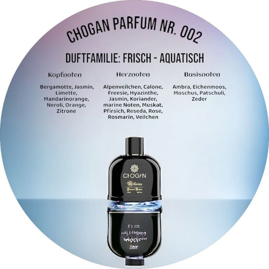 Chogan Parfum 002, exquisites Aroma-Profil mit einer harmonischen Mischung aus floralen und holzigen Noten, ideal für den eleganten und modernen Duftliebhaber.