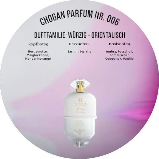 Chogan Parfum 006 mit Duftnoten von Zitrus, Jasmin und Sandelholz, ideal für eine frische und elegante Dufterfahrung.