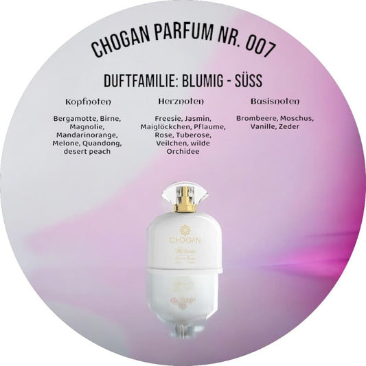 Chogan Parfum 007  mit einer eleganten Komposition aus frischen Zitrusfrüchten, zarten Blumennoten und einer warmen Vanille-Basis, ideal für das Hervorheben von Raffinesse und Stil.