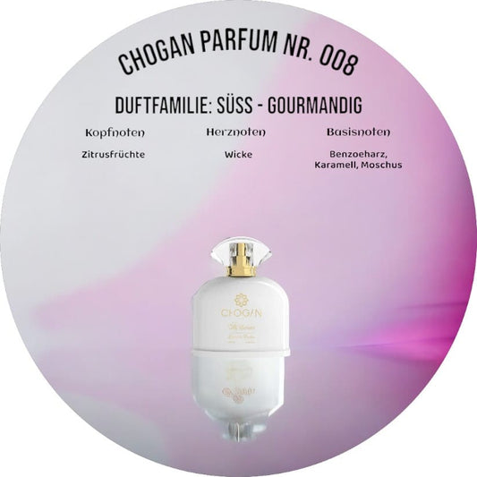 Chogan Parfum 008 , eine harmonische Komposition aus erfrischenden Zitrusnoten, eleganten blumigen Akzenten und einer warmen holzigen Basis für eine anhaltende und verführerische Duftaura.