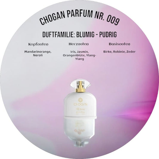 Chogan Parfum 009, ein luxuriöses Eau de Parfum mit einer sinnlichen Kombination aus blumigen, fruchtigen und holzigen Noten, ideal für elegante Abendanlässe.