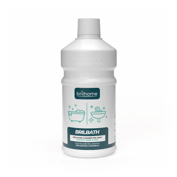 Brilhome Brilbath BH0201 – 750 ml Kalkreiniger-Spray für Badezimmer, entfernt Kalk, Rost und Seifenreste, Wasserabperleffekt, schont Materialien, weiße Flasche mit dunkelgrünem Etikett.
