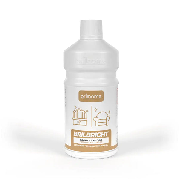 Brilhome Brilbright BH0202 – 750 ml Möbelreiniger und Lederpflege mit Carnaubawachs-Emulsion, stellt natürlichen Glanz wieder her, kein Ausspülen, weiße Flasche mit goldenem Etikett.