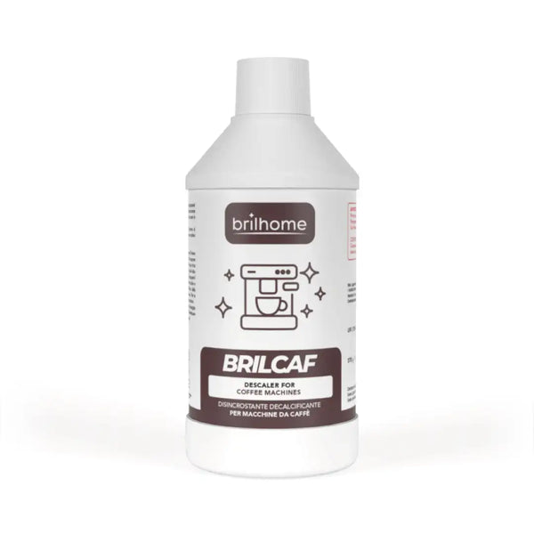 Brilhome Brilcaf BH0218 – 375 g Kaffeemaschinen-Entkalker natürlichen Ursprungs, HACCP-konform, keine Rückstände, weiße Flasche mit dunkelbraunem Etikett.