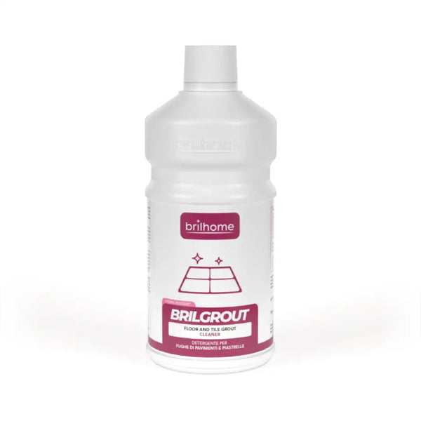 Brilhome Brilgrout BH0222 – 750 ml Fugenreiniger-Konzentrat für Wand- & Bodenfliesen, entfernt Kalk, Mauersalpeter & Wandfarbe, weiße Flasche mit pink/rotem Etikett.