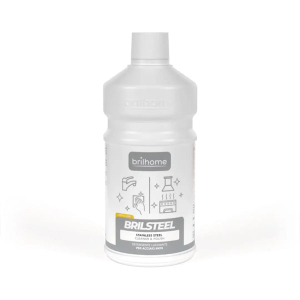 Brilhome Brilsteel BH0211 – 750 ml Edelstahlreiniger mit Glanzwirkung für Küchengeräte, Spülen & Dunstabzugshauben, weiße Flasche mit hellem Etikett, kratzer- und streifenfrei.