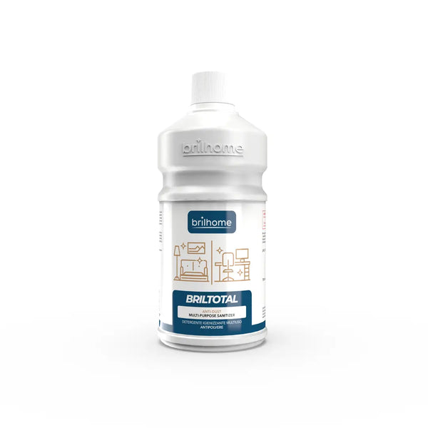 Brilhome Briltotal BH0212 – 750 ml Anti-Staub Hygienereiniger für alle Oberflächen, antistatisch, streifenfrei, ammoniakfrei, weiße Flasche mit blauem Etikett.