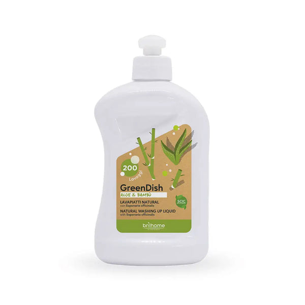Brilhome GreenDish BH0007 – 500 ml natürliches Geschirrspülmittel Aloe Vera & Bambus mit Echtem Seifenkraut-Extrakt (Saponaria officinalis), phosphorfrei, ohne Farbstoffe, weiße Flasche mit grün-beigem Etikett.