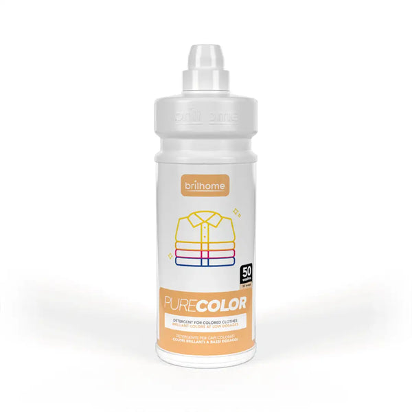Brilhome Pure Color BH0021 – 1000 ml Waschmittel für Buntwäsche, Farbauffrischung, Tiefenreinigung, phosphatfrei, weiße Flasche mit orangefarbenem Etikett.