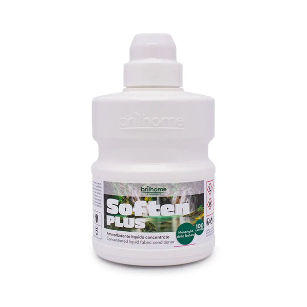 Brilhome Soften Plus BH0012 – 500 ml konzentrierter Weichspüler Wunder der Natur, ohne Konservierungsstoffe, langanhaltender Duft, Bügelerleichterung, weiße Flasche mit grünem Etikett.
