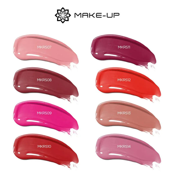 Farbswatches Chogan Glossy Lipstick Coral MKRS12 mit weiteren Farben der Glossy-Serie im Vergleich