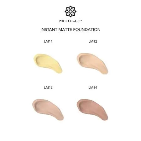 Chogan Make-Up Instant Matte Foundation Farbvergleich: Übersicht der verschiedenen Nuancen von LM11 bis LM14 als Swatches nebeneinander, um die Farbauswahl und den hellsten Ton LM11 Nude Beige im Vergleich zu zeigen.