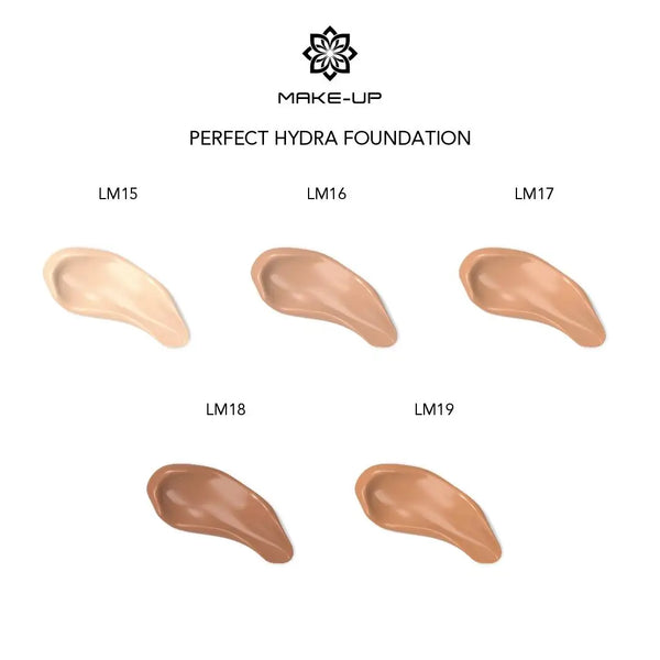 Chogan Make-Up Perfect Hydra Foundation Farbvergleich: Übersicht der verschiedenen Nuancen von LM15 bis LM19 als Swatches nebeneinander, um die Farbauswahl und den hellsten Ton LM15 Ivory im Vergleich zu zeigen.