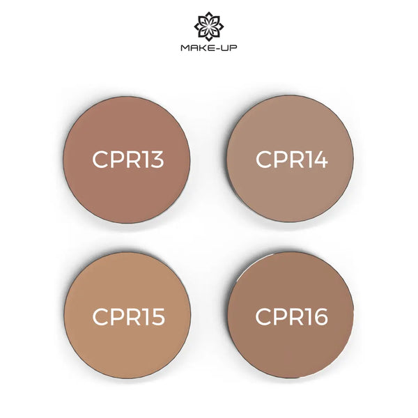 Farbpalette der Chogan Make-Up Warm Shade Kompaktpuder mit den Nuancen CPR13 (Blossom Pink), CPR14, CPR15 und CPR16.
