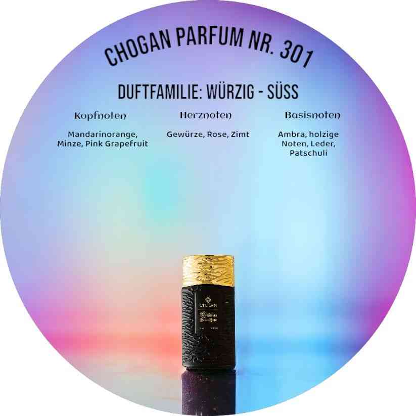 Chogan Parfum 301 Luxus-Herrenduft, elegante bernsteinfarbene Glasflasche, maskuline holzig-würzige Duftnoten