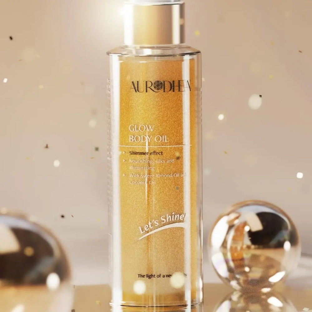 Glow Body Oil – Frontansicht des goldschimmernden Körperöls mit pflegenden Pflanzenölen