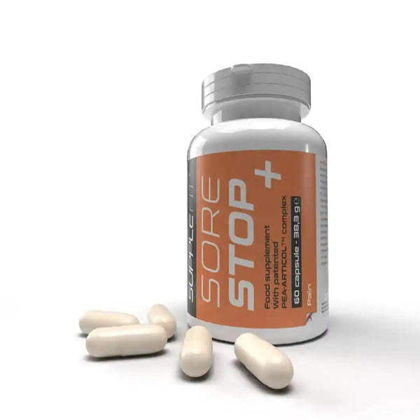 Supplefit Sore Stop+ INTB043 – Orange-braune Flasche mit 60 Kapseln mit PEA-ARTICOL™ Komplex gegen Schmerzen und Entzündungen.