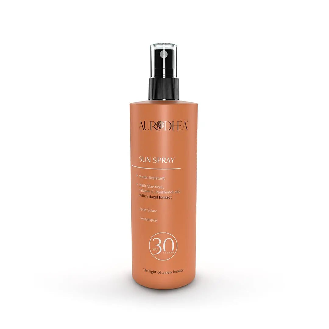 Aurodhea SOL01B Sonnenspray LSF 30 – 150 ml, wasserfestes Sonnenspray mit Aloe Vera, Vitamin E & Hamamelis für mittleren bis hohen UV-Schutz