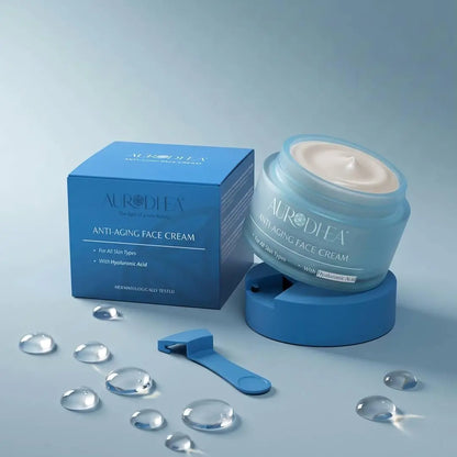 Aurodhea Hyaluronsäure-Gesichtscreme CR05C mit geöffnetem blauem Cremetiegel, Verpackung und Spatel