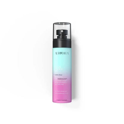 Aurodhea Lush Cloud SBM003 – Parfümiertes Körperspray Golden Hour 100 ml mit PUREYOUTH™ Komplex, türkis-pink Flasche auf weißem Hintergrund