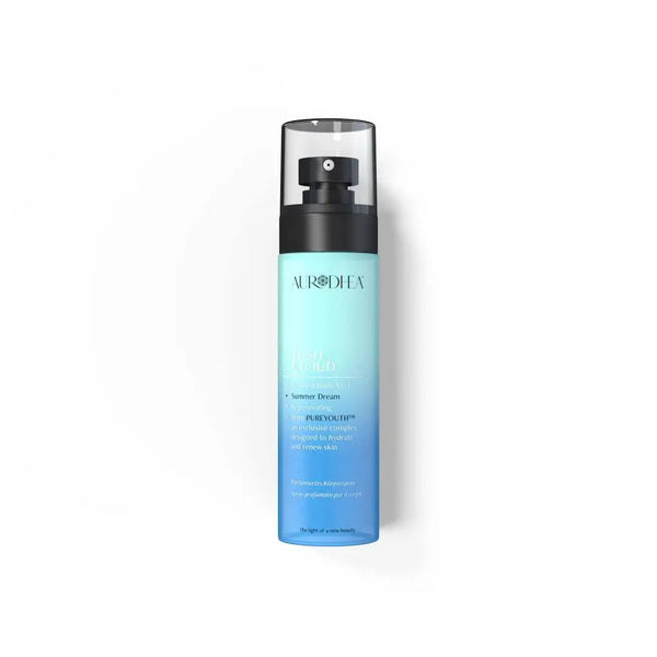 Aurodhea Lush Cloud SBM004 – Parfümiertes Körperspray Summer Dream 100 ml mit PUREYOUTH™ Komplex, türkis-blaue Flasche auf weißem Hintergrund