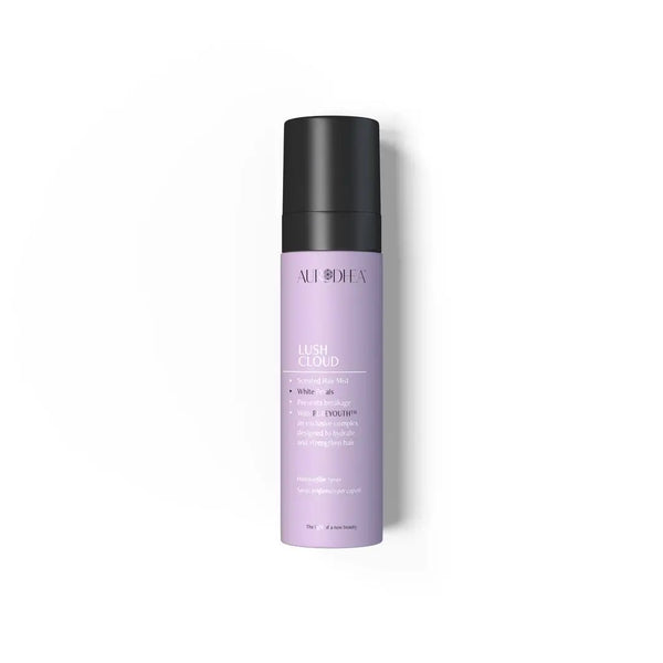 Aurodhea Lush Cloud SHM003 – Haarparfüm-Spray White Petals 100 ml mit PUREYOUTH™ Komplex, lila Flasche auf weißem Hintergrund