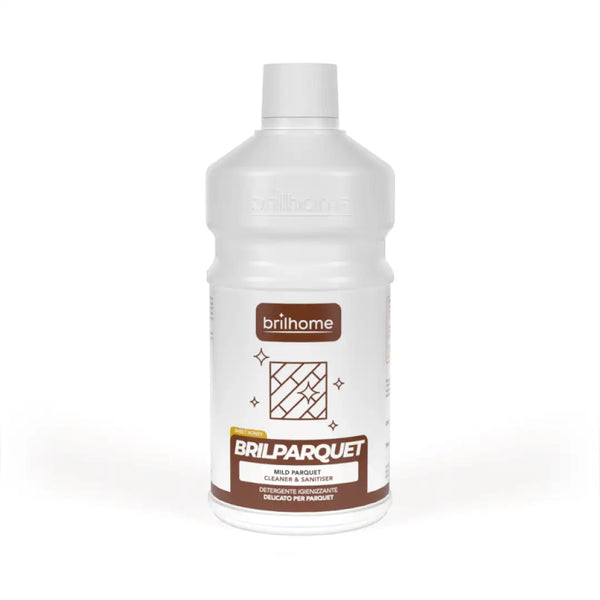 Brilhome Brilparquet BH0204 – 750 ml Hygienereiniger für Parkettböden mit Carnaubawachs-Emulsion, gleichmäßiger Glanz, kein Nachwischen, weiße Flasche mit braunem Etikett.