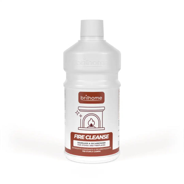 Brilhome Fire Cleanse BH0205 – 750 ml Reiniger-Konzentrat gegen Fett & Eingebranntes in Kaminöfen, Grills & Pelletöfen, weiße Flasche mit rotem Etikett.