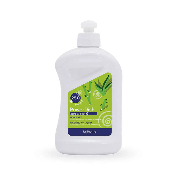 Brilhome PowerDish BH0005 – 500 ml hochkonzentriertes Geschirrspülmittel Aloe Vera & Bambus mit Schneckenschleim, über 27 % waschaktive Substanzen, phosphorfrei, 250 Anwendungen, weiße Flasche mit grünem Etikett.