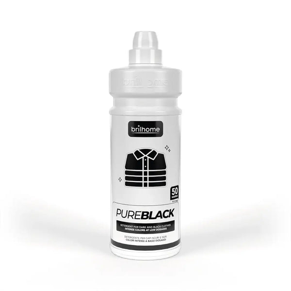 Brilhome Pure Black BH0022 – 1 Liter Waschmittel für schwarze und dunkle Wäsche, Anti-Verblassen, Enzymformel, phosphatfrei, weiße Flasche mit schwarzem Etikett.