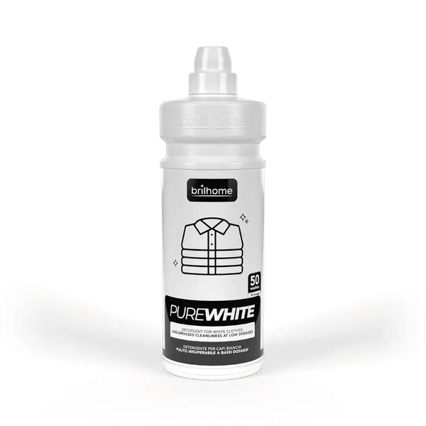 Brilhome Pure White BH0020 – 1000 ml Waschmittel für weiße Wäsche, Tiefenreinigung ab 30 °C, phosphatfrei, halbe Dosierung, weiße Flasche mit schwarzem Etikett.