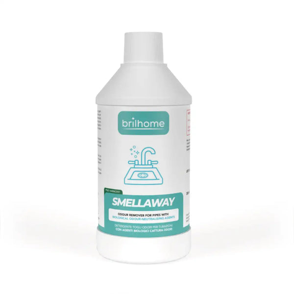Brilhome Smellaway BH0220 – 300 ml Anti-Geruch Rohrreiniger mit biologischen Sporen für alle Abflüsse in Küche, Bad & WC, weiße Flasche mit türkisem Etikett.