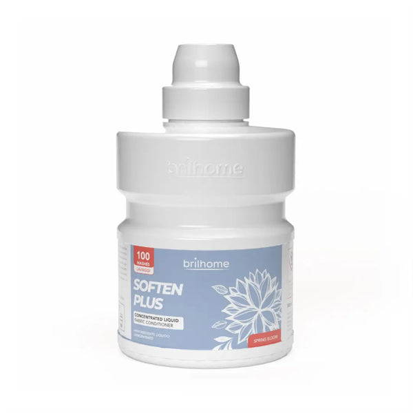 Brilhome Soften Plus BH0009 – 500 ml veganer konzentrierter Weichspüler Hauch des Frühlings, ohne Konservierungsstoffe, langanhaltende Frische, Bügelerleichterung, weiße Flasche mit hellblauem Etikett und rotem Akzent.
