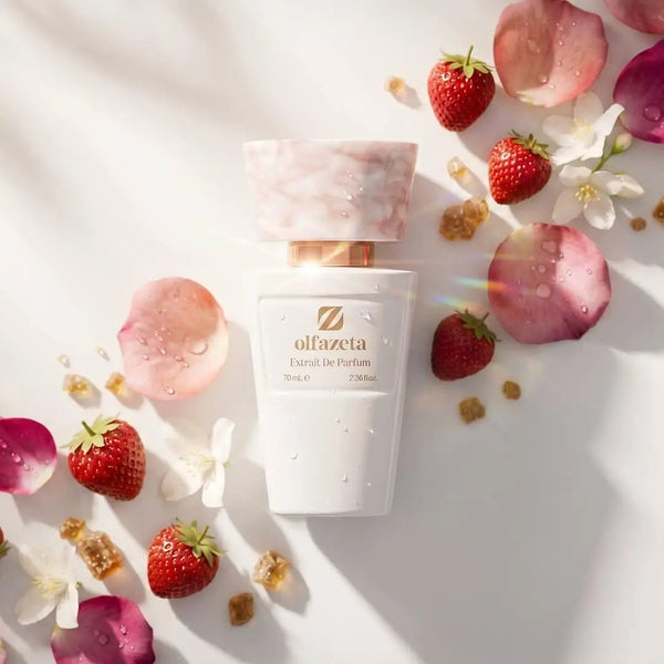 Chogan 163 Parfum Olfazeta - Blooming Skin – Lifestyle-Flatlay mit Erdbeeren, Jasminblüten, Rosenblättern und braunem Zucker