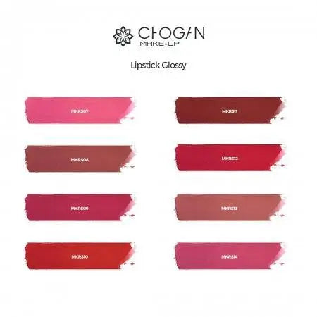 Farbswatches Chogan Glossy Lipstick Light Nude MKRS13 mit weiteren Farben der Glossy-Serie im Vergleich