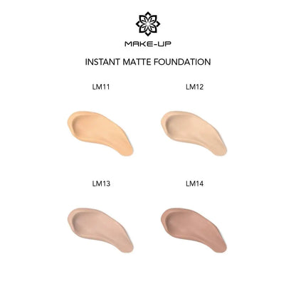 Chogan Make-Up Instant Matte Foundation Farbvergleich: Übersicht der verschiedenen Nuancen von LM11 bis LM14 als Swatches nebeneinander, um die Farbauswahl und den Ton LM12 Pink Nude im Vergleich zu zeigen.