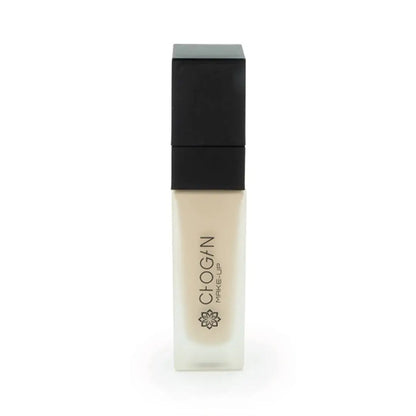 Chogan Make-Up Perfect Hydra Foundation LM15 Ivory: Eleganter Glasflakon mit schwarzem Deckel und dem Chogan Make-Up Logo, gefüllt mit der flüssigen Foundation im hellen Farbton Ivory, auf weißem Hintergrund.