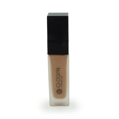Chogan Make-Up Perfect Hydra Foundation LM16 Honey: Eleganter Glasflakon mit schwarzem Deckel und dem Chogan Make-Up Logo, gefüllt mit der flüssigen Foundation im Farbton Honey, auf weißem Hintergrund.