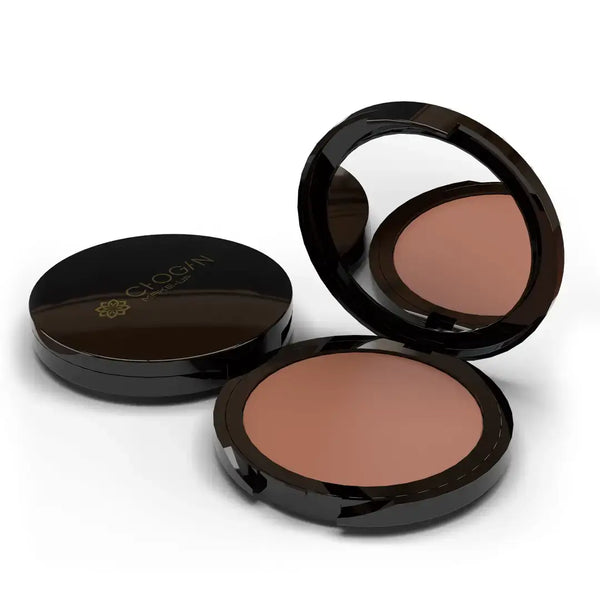 Chogan Make-Up Warm Shade Kompakt-Bronzer TER13 Terracotta: Geöffnete, elegante schwarze Puderdose mit integriertem Spiegel und dem Chogan Make-Up Logo, die den feinen Bronzer im warmen Farbton Terracotta zeigt.