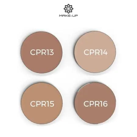 Farbpalette der Chogan Make-Up Warm Shade Kompaktpuder mit den Nuancen CPR13, CPR14 (Creamy), CPR15 und CPR16.