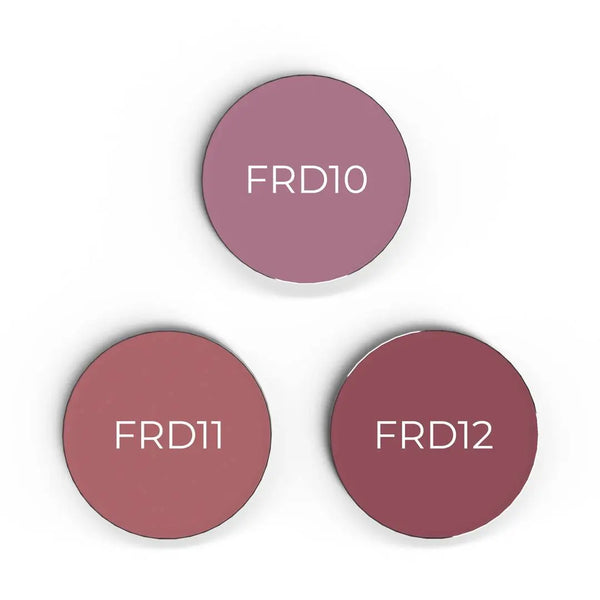 Farbpalette der Chogan Make-Up Warm Shade Kompaktrouge mit den Nuancen FRD10, FRD11 (Peach) und FRD12.