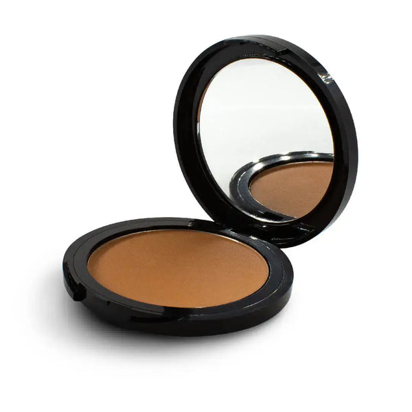 Chogan Make-Up Warm Shade Kompaktrouge FRD07 Warm Beige: Geöffnete, elegante schwarze Puderdose mit integriertem Spiegel, die das feine Rouge im Farbton Warm Beige zeigt.