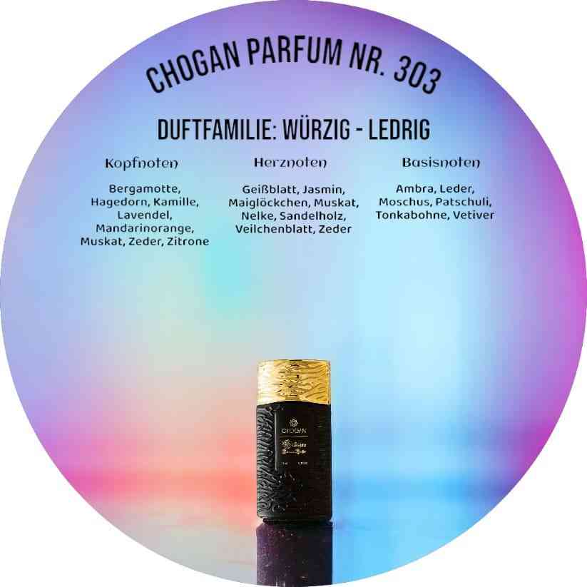 Chogan Parfum 303, hervorgehoben durch seine Duftnoten von Bergamotte, Jasmin und Sandelholz, visualisiert ohne die Flasche, um die Essenz und die charakteristischen Aromen des Parfums zu betonen.