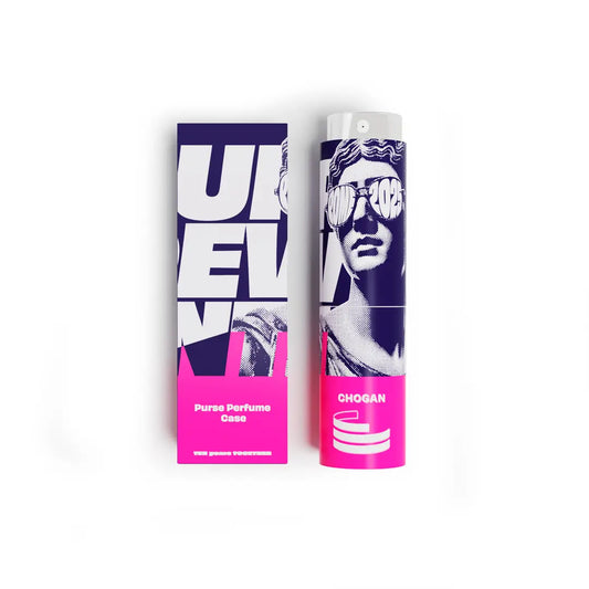 Parfüm-Taschenetui Modern Limited EuroEvent 2025 Edition von Olfazeta im Pop-Art-Design – kräftiges Pink-Violett mit antikem Motiv