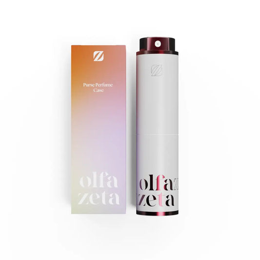 Parfüm-Taschenetui Modern Taubengrau von Olfazeta mit Verpackung, Frontansicht