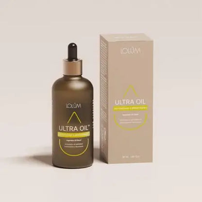 Lolûm Ultra Oil Antioxidant & Brightening LO009: Braune Glasflasche mit Pipette neben der beigefarbenen Originalverpackung.