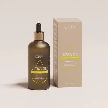 Lolûm Ultra Oil Antioxidant & Brightening LO009: Braune Glasflasche mit Pipette neben der beigefarbenen Originalverpackung.
