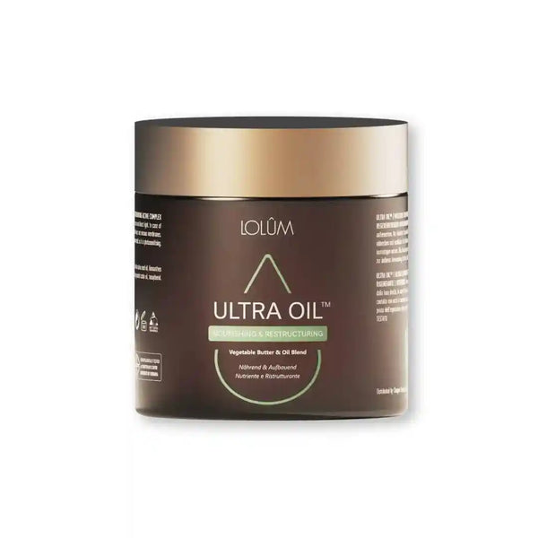 Lolûm Ultra Oil Nourishing & Restructuring LO011: Brauner Tiegel mit goldenem Deckel, 80 g, für nährende Haut- und Haarpflege.