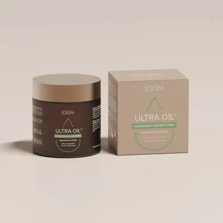 Lolûm Ultra Oil Nourishing & Restructuring LO011: Brauner Tiegel neben der beigefarbenen Originalverpackung.