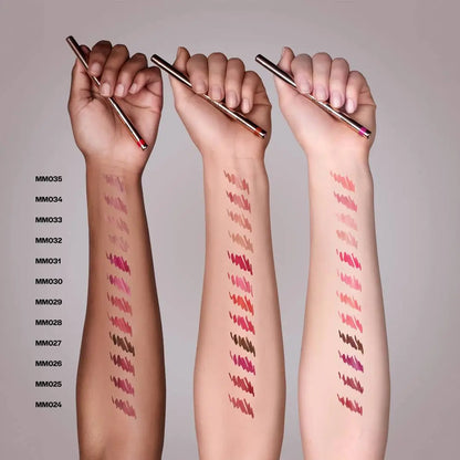Farbswatches der MoniAmori Extra-LipStay Automatic Lip Liner Serie inklusive Chili Love MM028